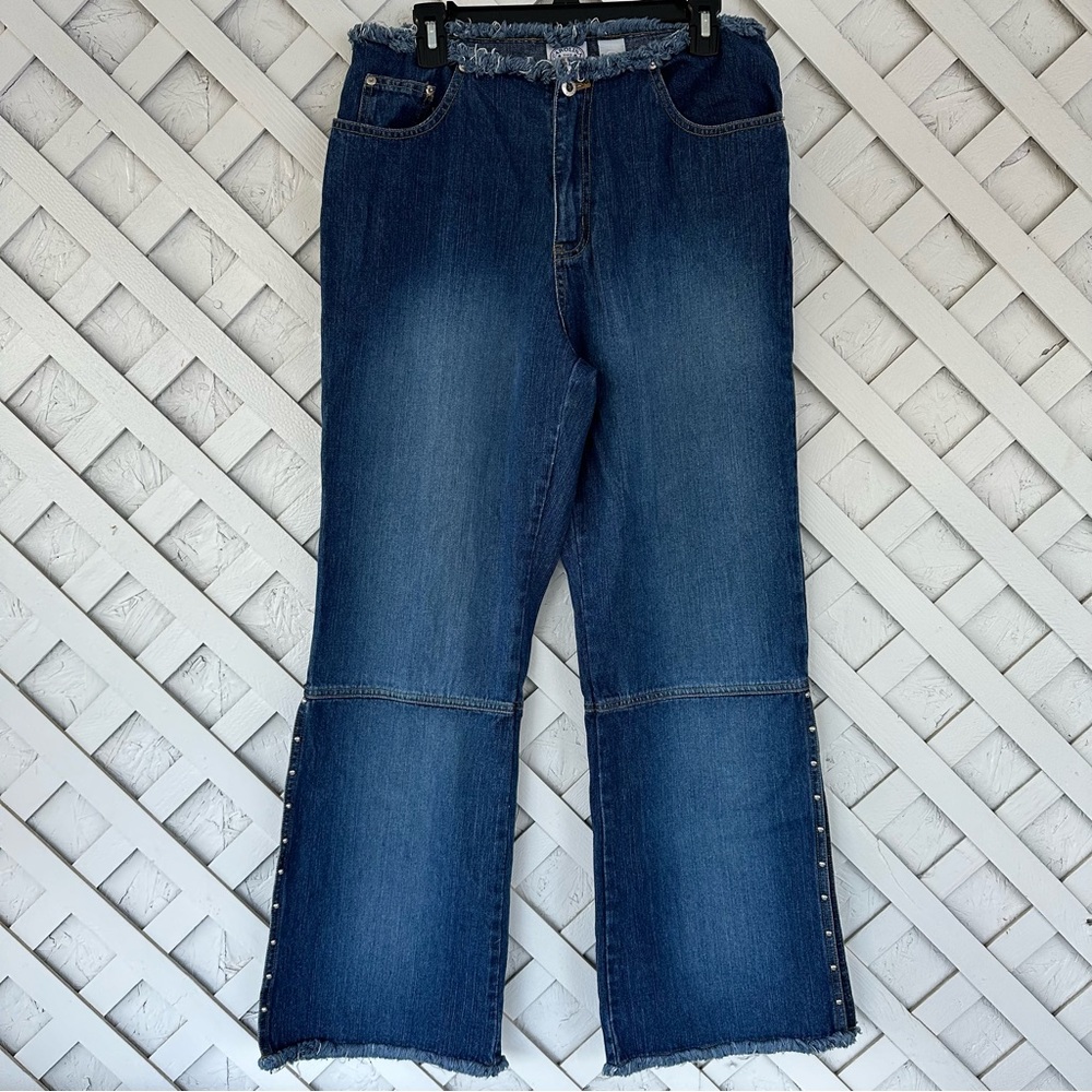 Carolina Blues Y2K Vintage Raw Edge Slit Leg Studded High Waisted Jeans Sz 14